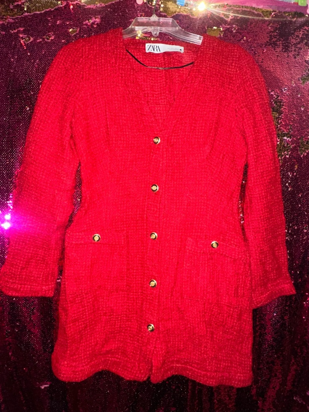 Zara Red Textured Tweed Mini Dress